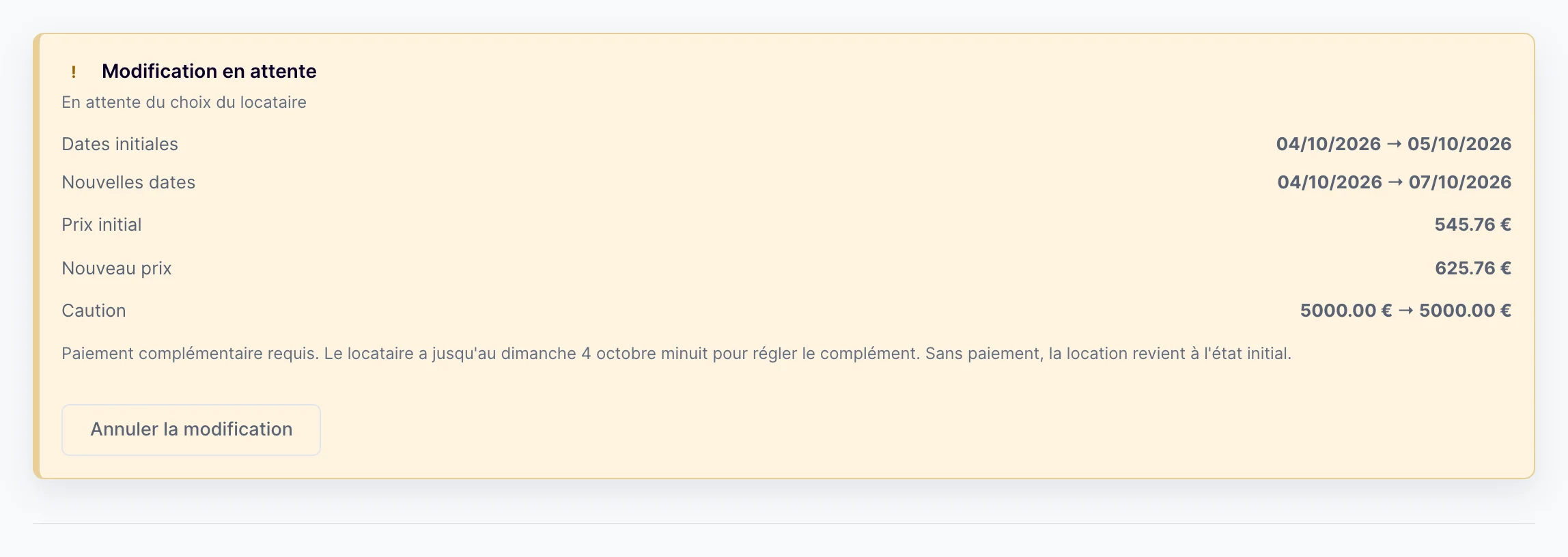 Encart Modification en attente : dates et prix initiaux et nouveaux, complément à payer par le locataire avant l'échéance