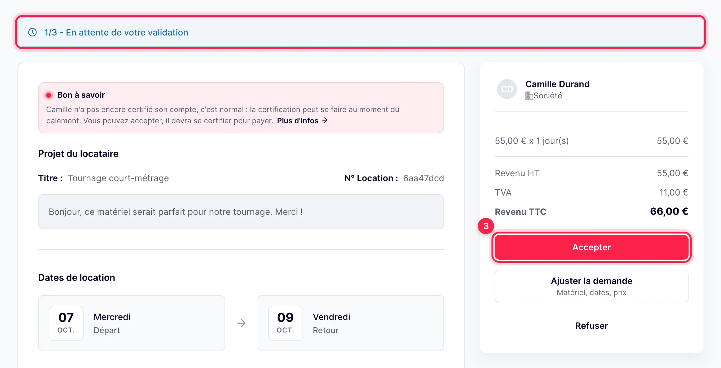Fiche d'une demande : statut En attente de votre validation, boutons Accepter, Ajuster la demande et Refuser