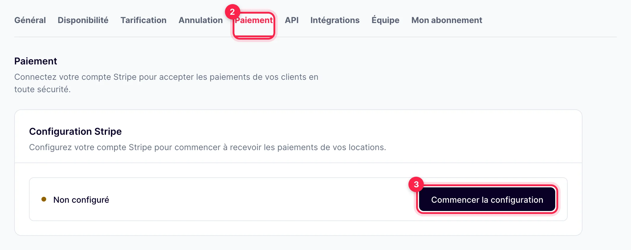 Réglages, onglet Paiement : carte Configuration Stripe et bouton Commencer la configuration