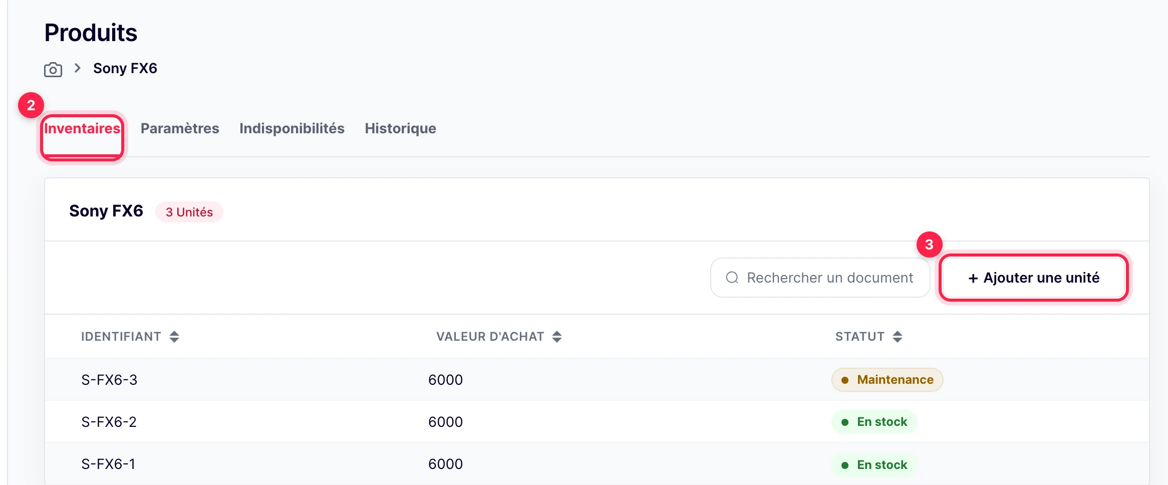 Onglet Inventaires d'un produit suivi par références : une ligne par unité avec son identifiant, sa valeur d'achat et son statut