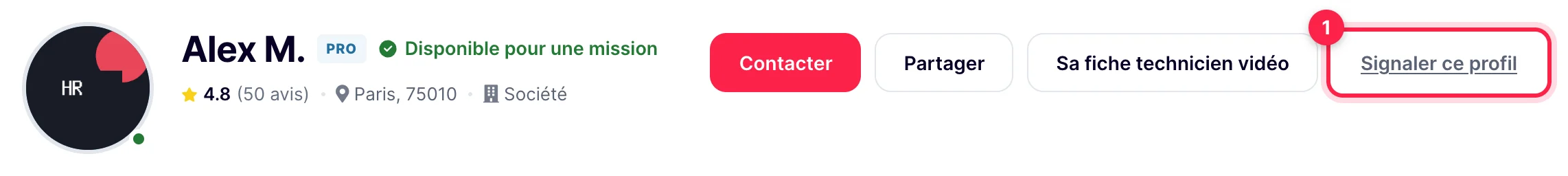 Boutique d'un loueur : bouton Signaler ce profil à côté de Contacter