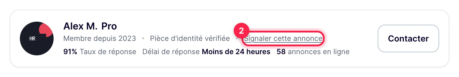 Fiche d'une annonce : lien Signaler cette annonce sous le nom du loueur
